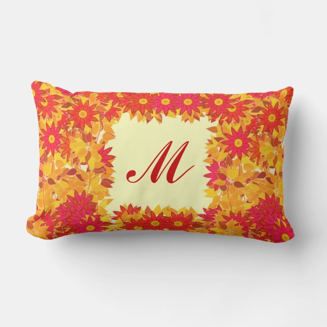 Monogram med blommor - röd och guld lumbarkudde (Framsida)