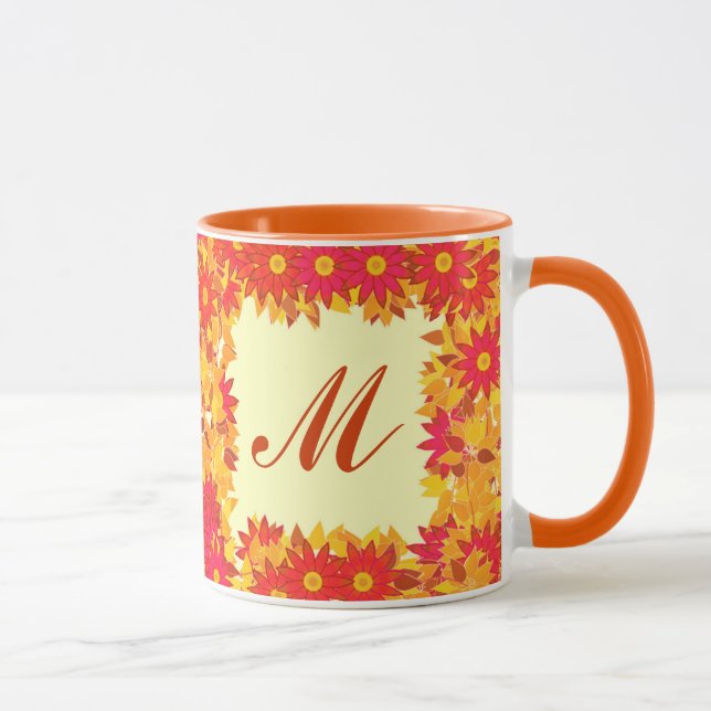 Monogram med blommor - röd och guld mugg (Höger)