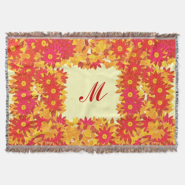 Monogram med blommor - röd och guld mysfilt (Framsidan)