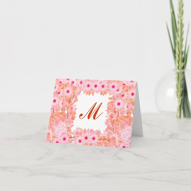 Monogram med blommor - rosa och persika anteckningskort (Framsida)