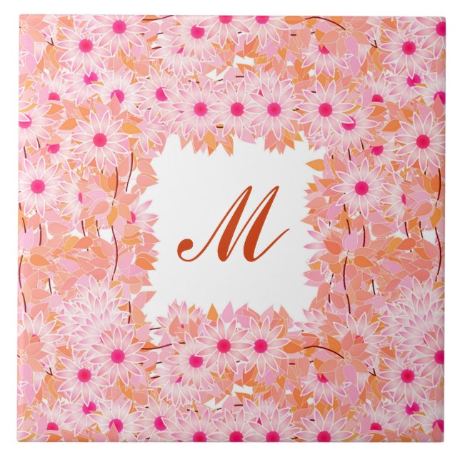 Monogram med blommor - rosa och persika kakelplatta (Framsidan)