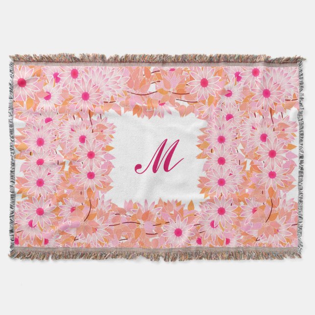 Monogram med blommor - rosa och persika mysfilt (Framsidan)
