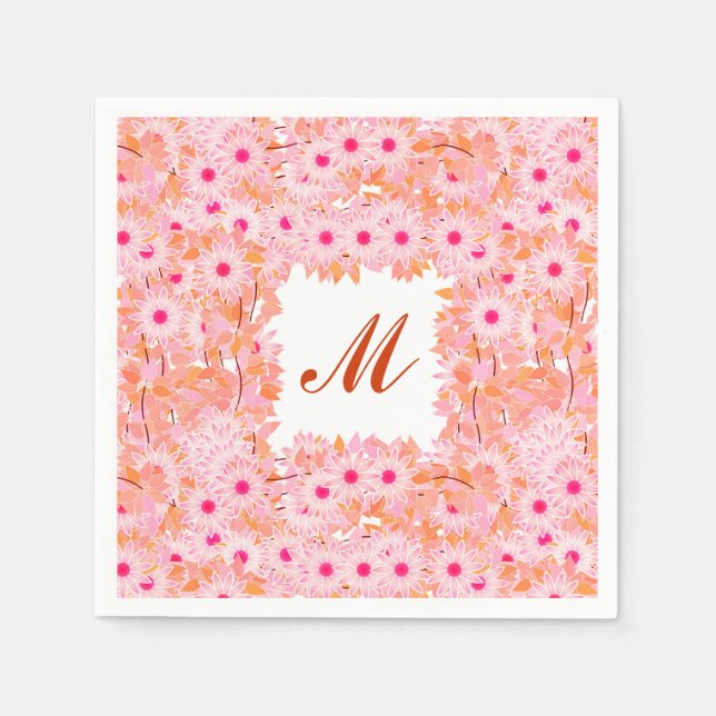 Monogram med blommor - rosa och persika pappersservett (Framsidan)