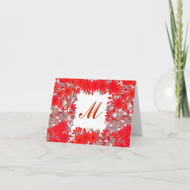 Monogram med blommor - rött och grått anteckningskort (Framsida)