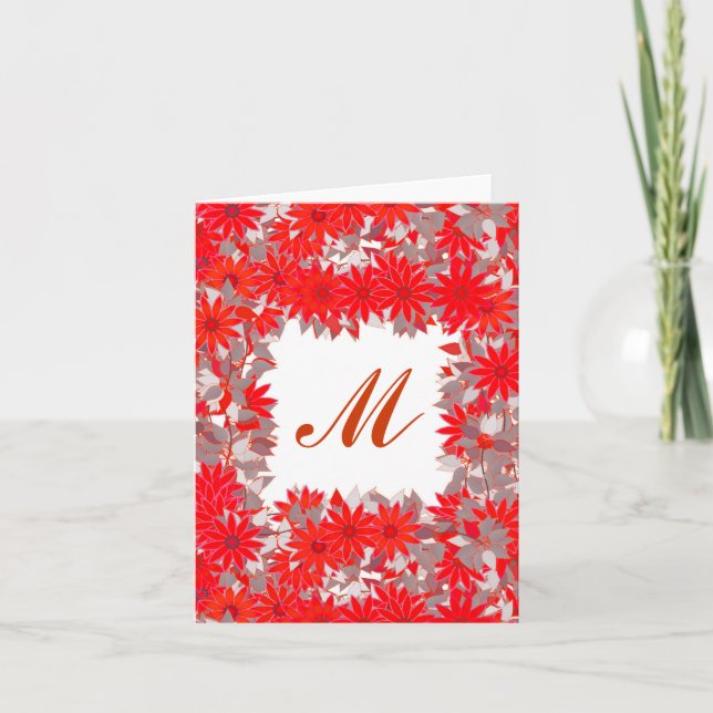 Monogram med blommor - rött och grått anteckningskort (Framsida)