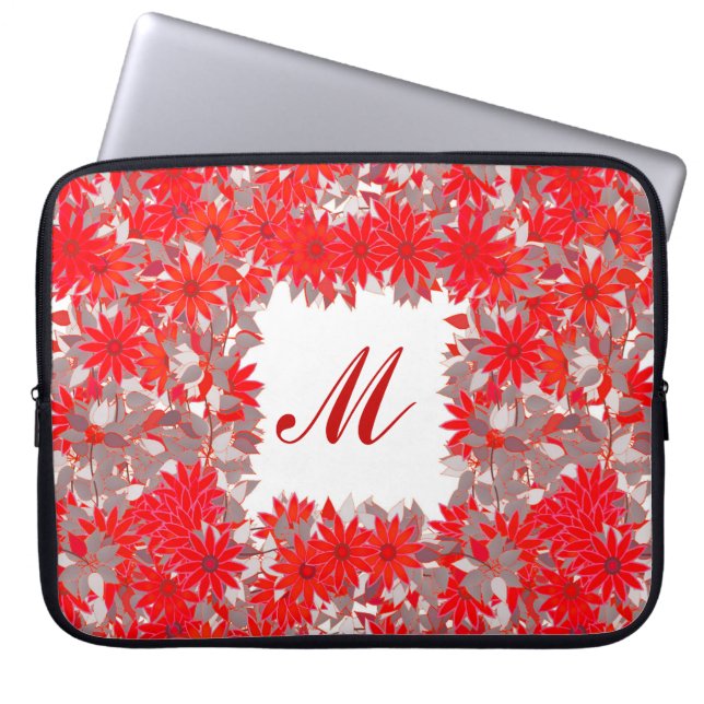 Monogram med blommor - rött och grått laptop fodral (Framsidan)