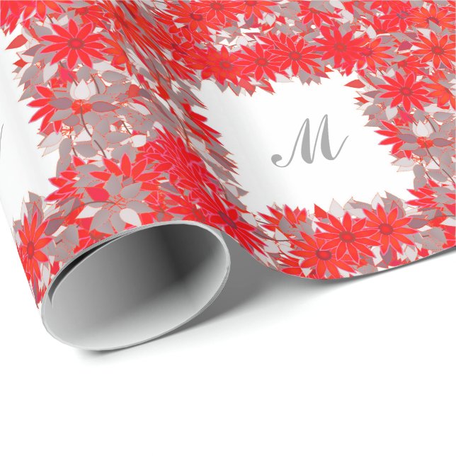 Monogram med blommor - rött och grått presentpapper (Rullad Hörn)