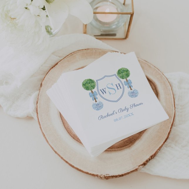 Monogram med boxwood Topiary-babyskor Pappersservett (Preppy topiary with blue bow and 3 letter monogram crest baby shower napkins)