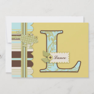 Monogram med Frog and Rand Print Baby Shower Inbjudningar