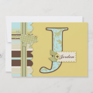 Monogram med Frog och Rand Print Baby Shower Inbjudningar