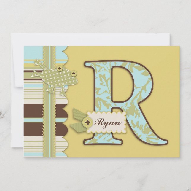 Monogram med groda och randigt tryck Baby Shower Inbjudningar (Framsida)