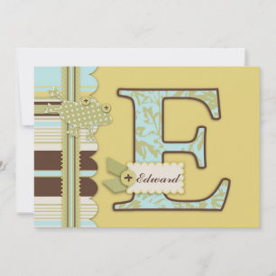 Monogram med groda- och randtryckbaby shower inbjudningar