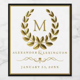 Monogram med Laurel WandeBlack och Guld Bröllop Vinflaska Etikett
