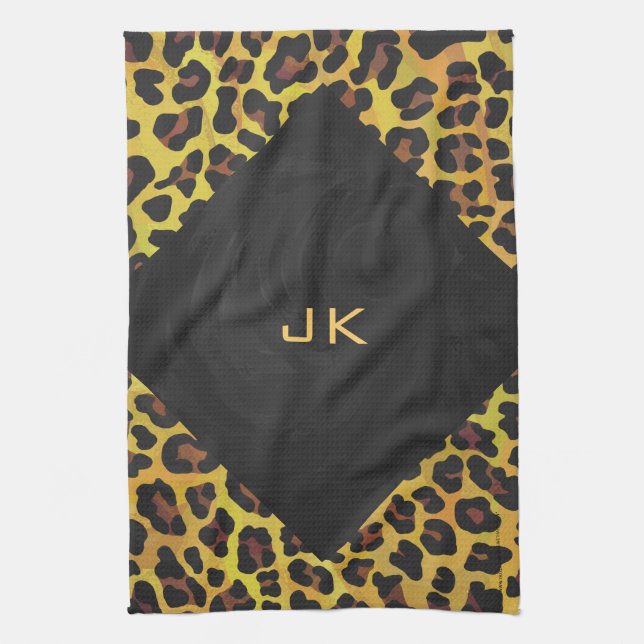Monogram med Leopard Brown och Gult Kökshandduk (Vertikal)