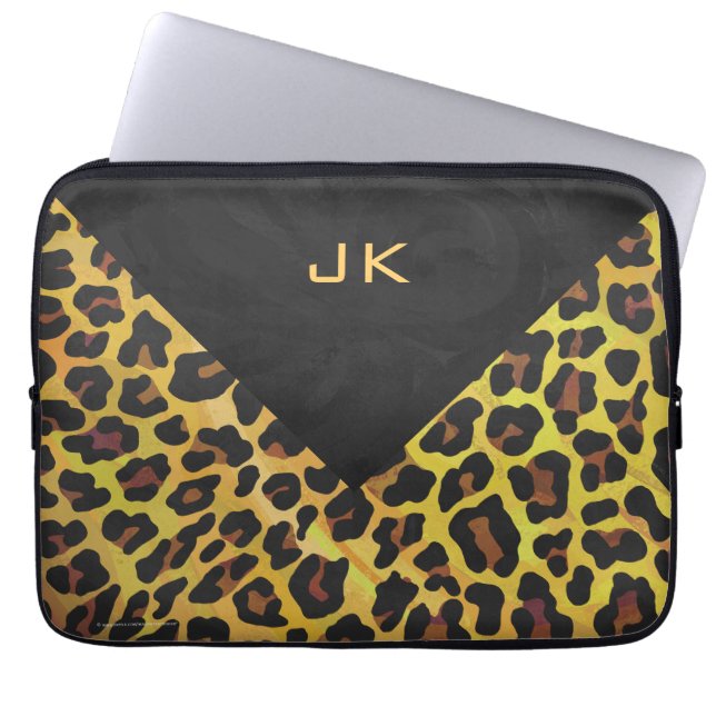 Monogram med Leopard Brown och Gult Laptop Sleeve (Framsidan)