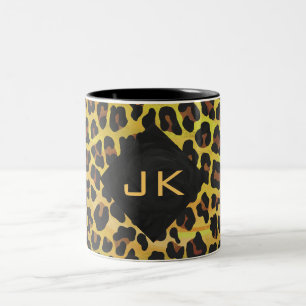 Monogram med Leopard Brown och Gult Två-Tonad Mugg