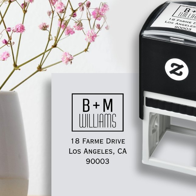 monogram med returadress svart/vit kvadrat självfärgande stämpel (Skapare uppladdad)