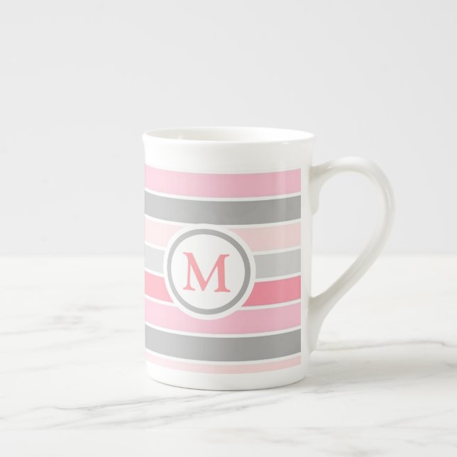 Monogram med rosa och Grått stripe Benporslin Mugg (Höger)