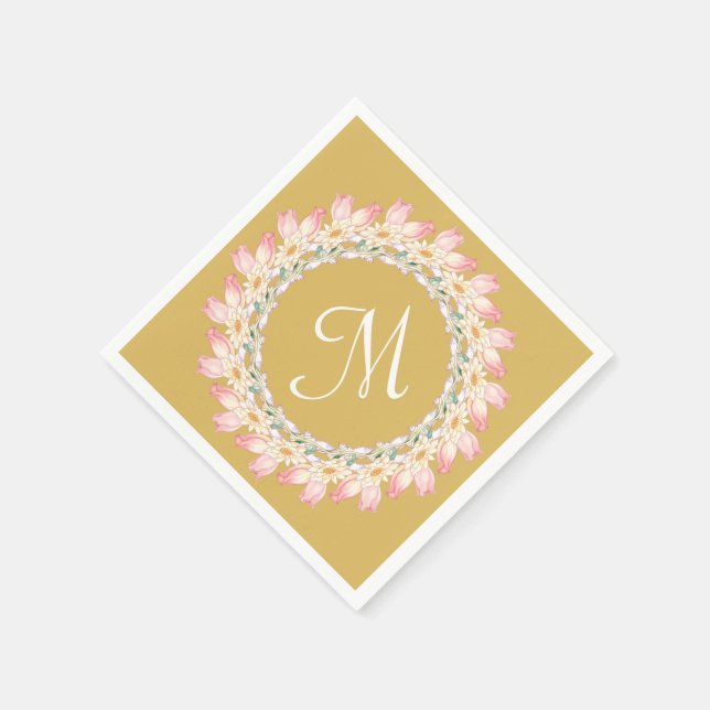 Monogram med rosa rosor och näckrosor ram pappersservett (Hörn)