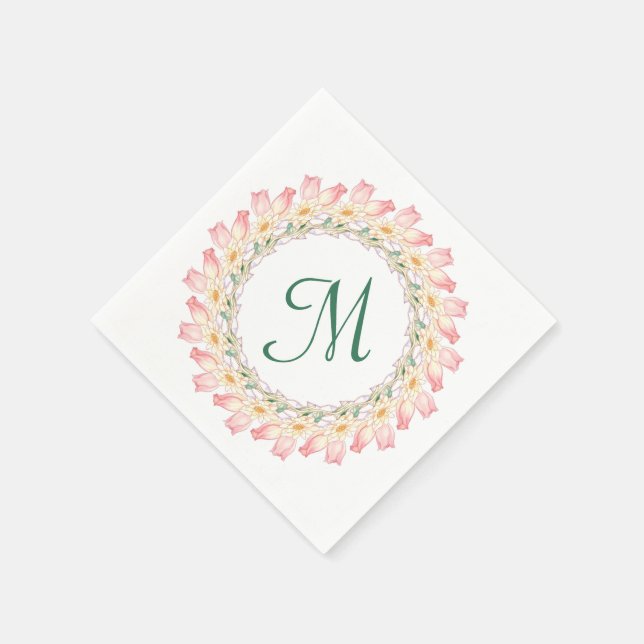 Monogram med rosa rosor och näckrosor ram pappersservett (Hörn)