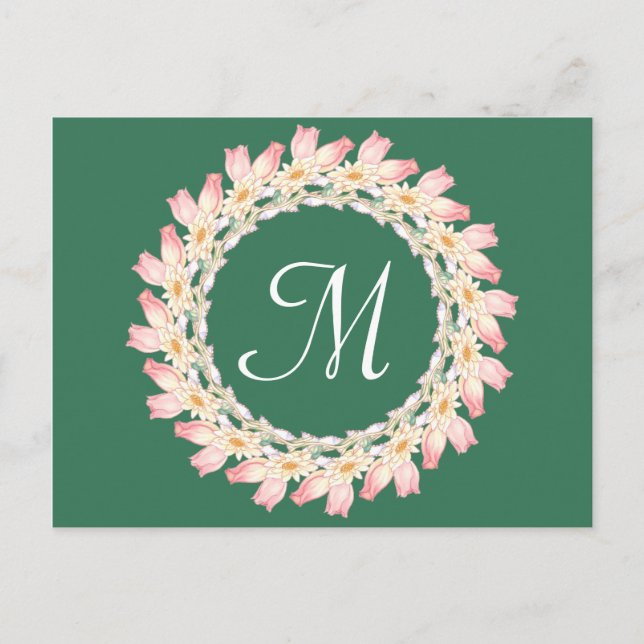 Monogram med rosa rosor och näckrosor ram vykort (Framsida)