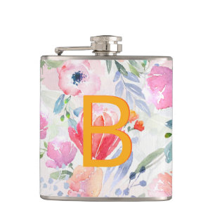 Monogram med rosablommor i rosa och lila fickplunta