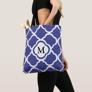 Monogram med Royal Blue Blommigt Quatrefoil Mönste Tygkasse