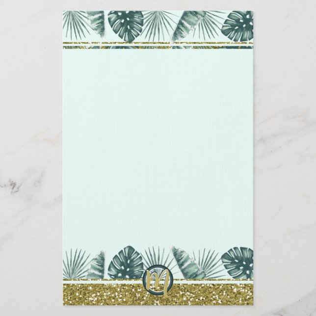 Monogram med tropiska blad och glitter brevpapper (Framsida)