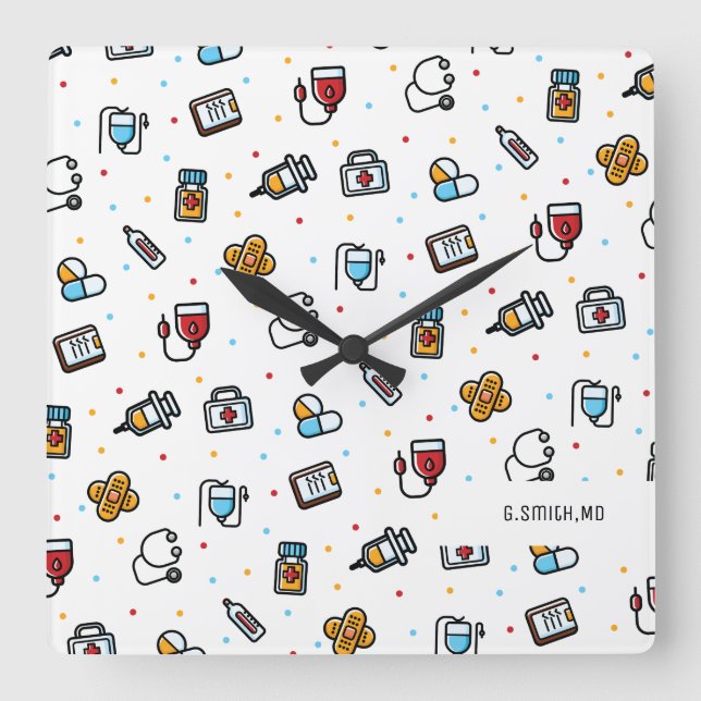 Monogram. Medicinsk Mönster. För Läkare och sjuksk Fyrkantig Klocka (Framsida)