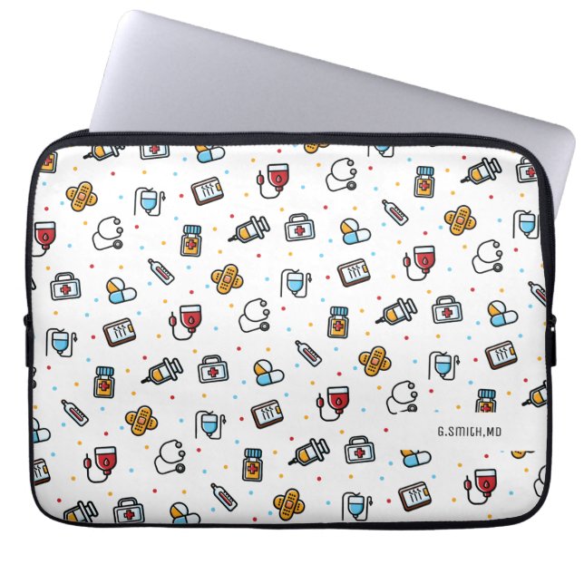 Monogram. Medicinsk Mönster. För Läkare och sjuksk Laptop Fodral (Framsidan)