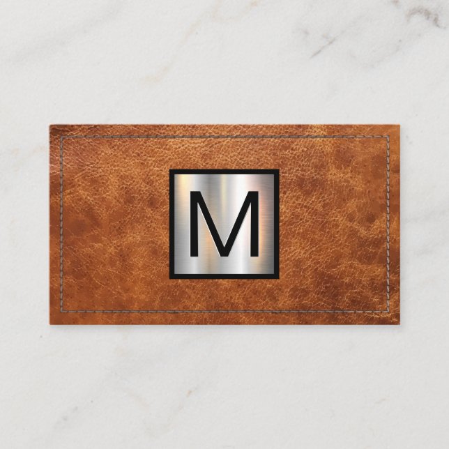 Monogram metallbanderoll | Stitched Brown Leather Visitkort (Framsida)