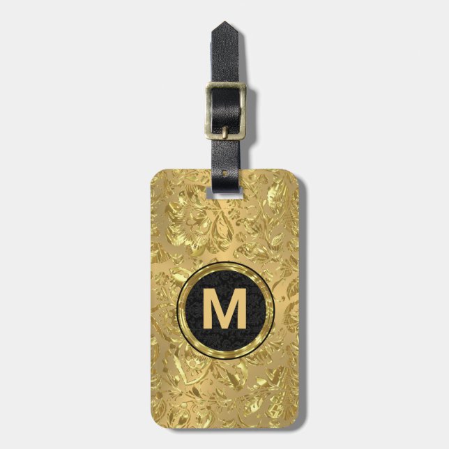 Monogram Metallic Guld Damask Bagagebricka (Vertikal Framsida)