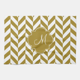 Monogram Metallic Guld Herringbone Mönster Kökshandduk
