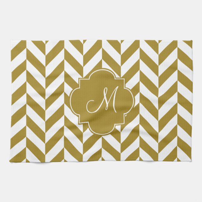 Monogram Metallic Guld Herringbone Mönster Kökshandduk (Horisontell)