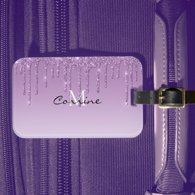 Monogram Metallic Lavender Lila Dripping Glitter Bagagebricka (Skapare uppladdad)