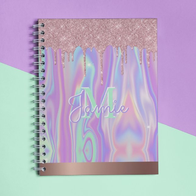 Monogram Metallic Ro Guld Glitter & Iridescent Anteckningsbok (Skapare uppladdad)