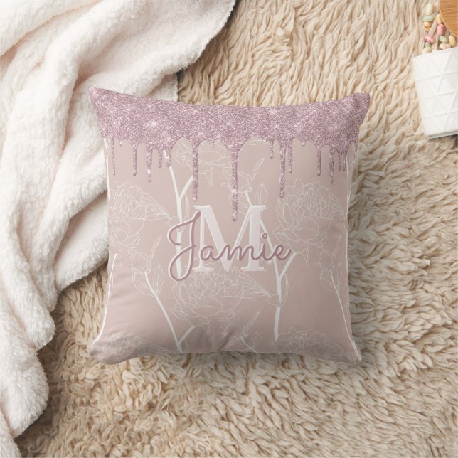 Monogram Metallic Ro Guld Glitter & Mauve Blommigt Kudde (Filt)