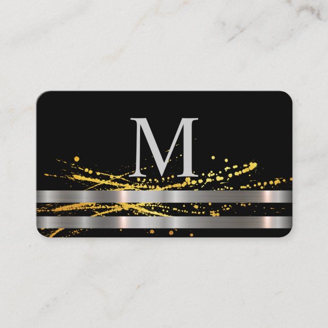 Monogram Metallic Silver Trim Guld Spatter Visitkort (Framsida)