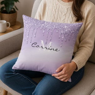 Monogram Metallic Violet Lila Dripping Glitter Kudde