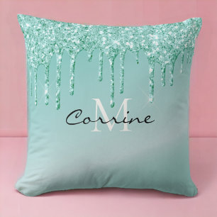 Monogram Metallisk Aqua Blue - Glitter Kudde