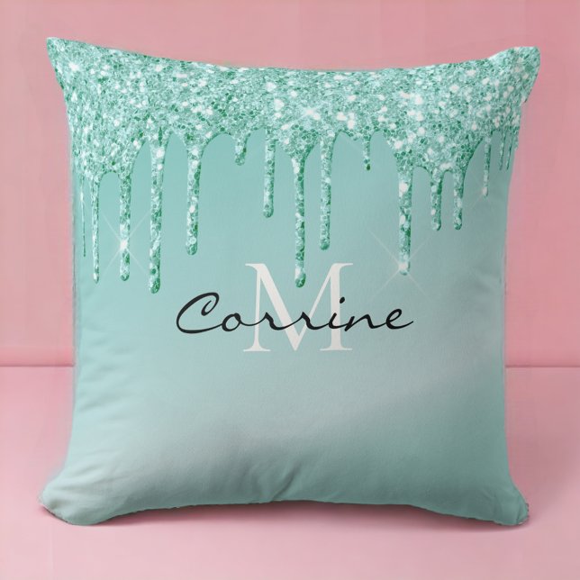 Monogram Metallisk Aqua Blue - Glitter Kudde (Skapare uppladdad)