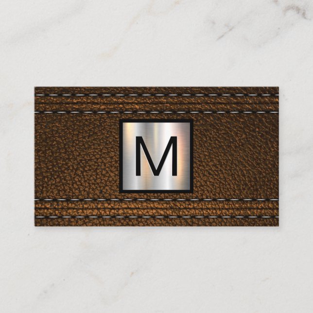 Monogram metallisk | Dubbla Stitched Brown Leather Visitkort (Framsida)