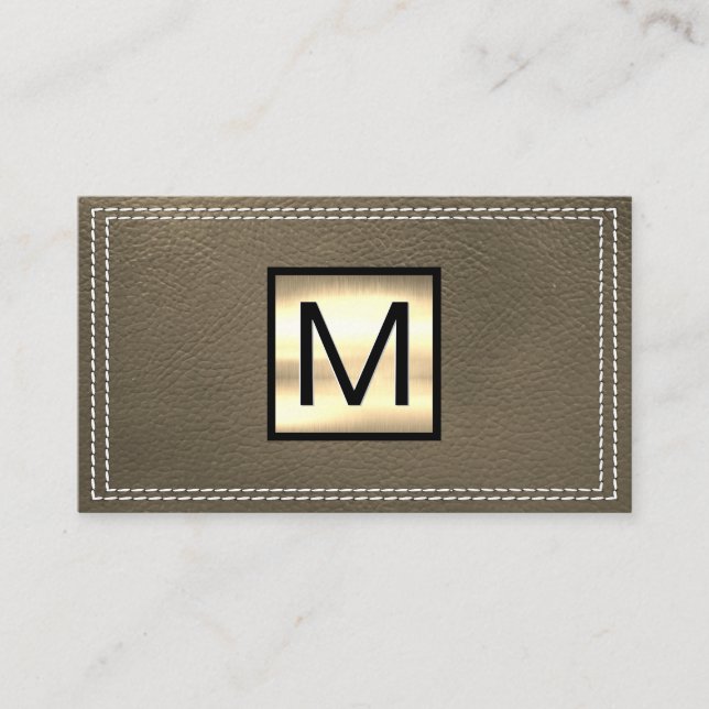 Monogram metallisk | Dubbla Stitched Sepia Leather Visitkort (Framsida)
