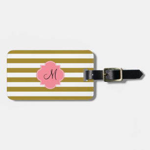Monogram Metallisk Guld och Rosa stripe Mönster Bagagebricka