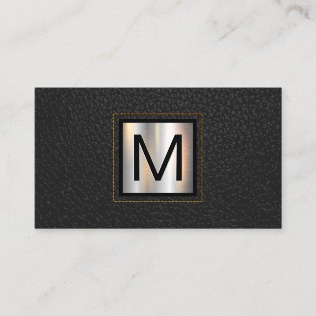 Monogram metallisk | Gult Stitched Black Leather Visitkort (Framsida)