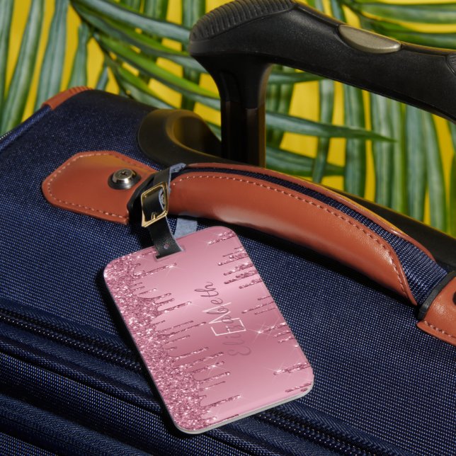 Monogram Metallisk Rosa Dripping Glitter Girly Bagagebricka (Framsida Insitu 1)