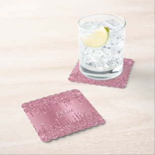 Monogram Metallisk Rosa Dripping Glitter Girly Underlägg Papper