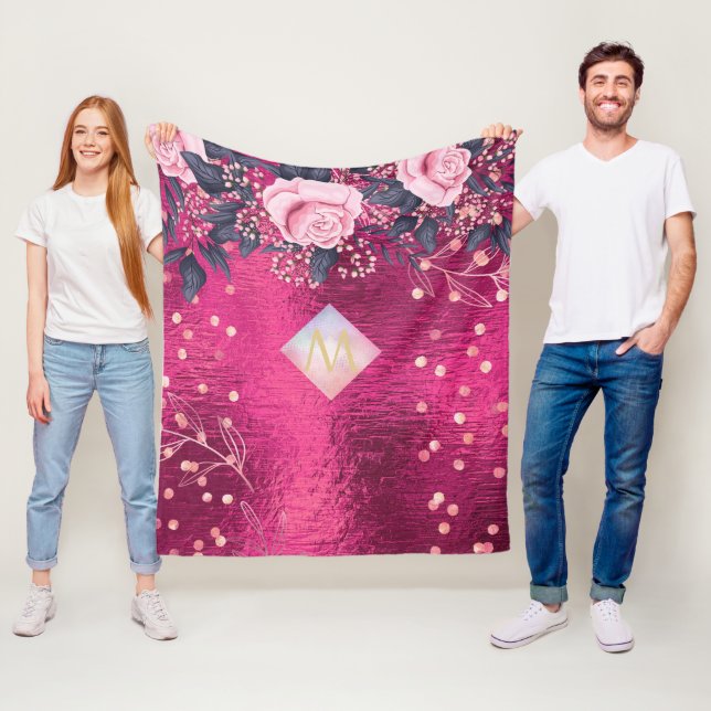 Monogram Metallisk Rosa Rosegold Navy Glitter Girl Fleecefilt (På plats)