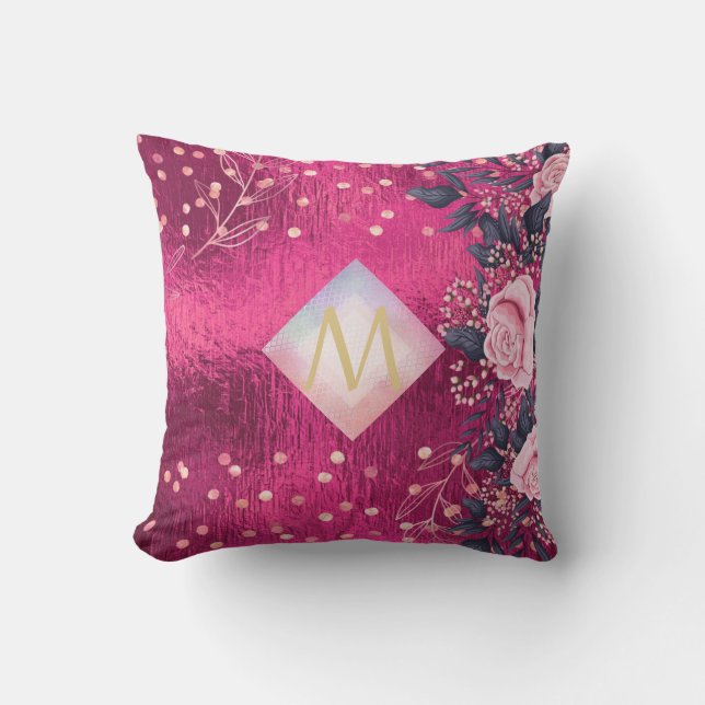 Monogram Metallisk Rosa Rosegold Navy Glitter Girl Kudde (Framsida)
