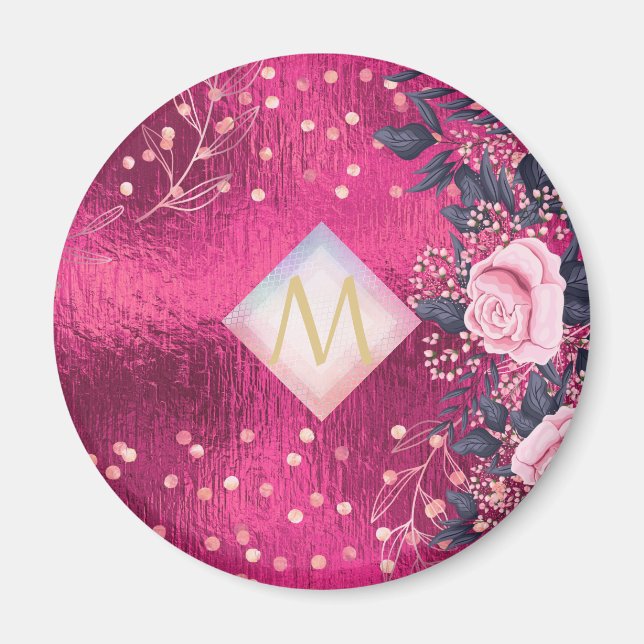 Monogram Metallisk Rosa Rosegold Navy Glitter Girl Magnet (Framsidan)